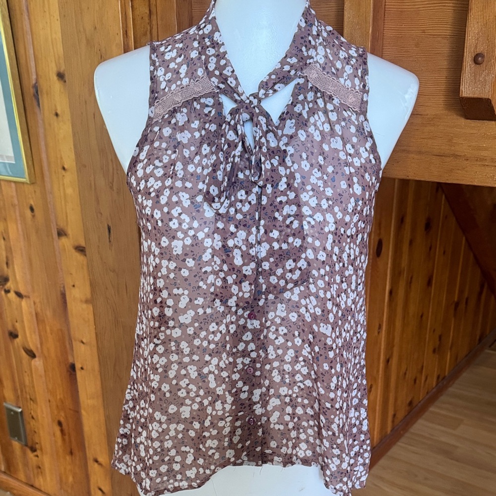 Mystic size Small S Floral Tie-Neck Blouse - Soft Brown Pink top shirt sheer
